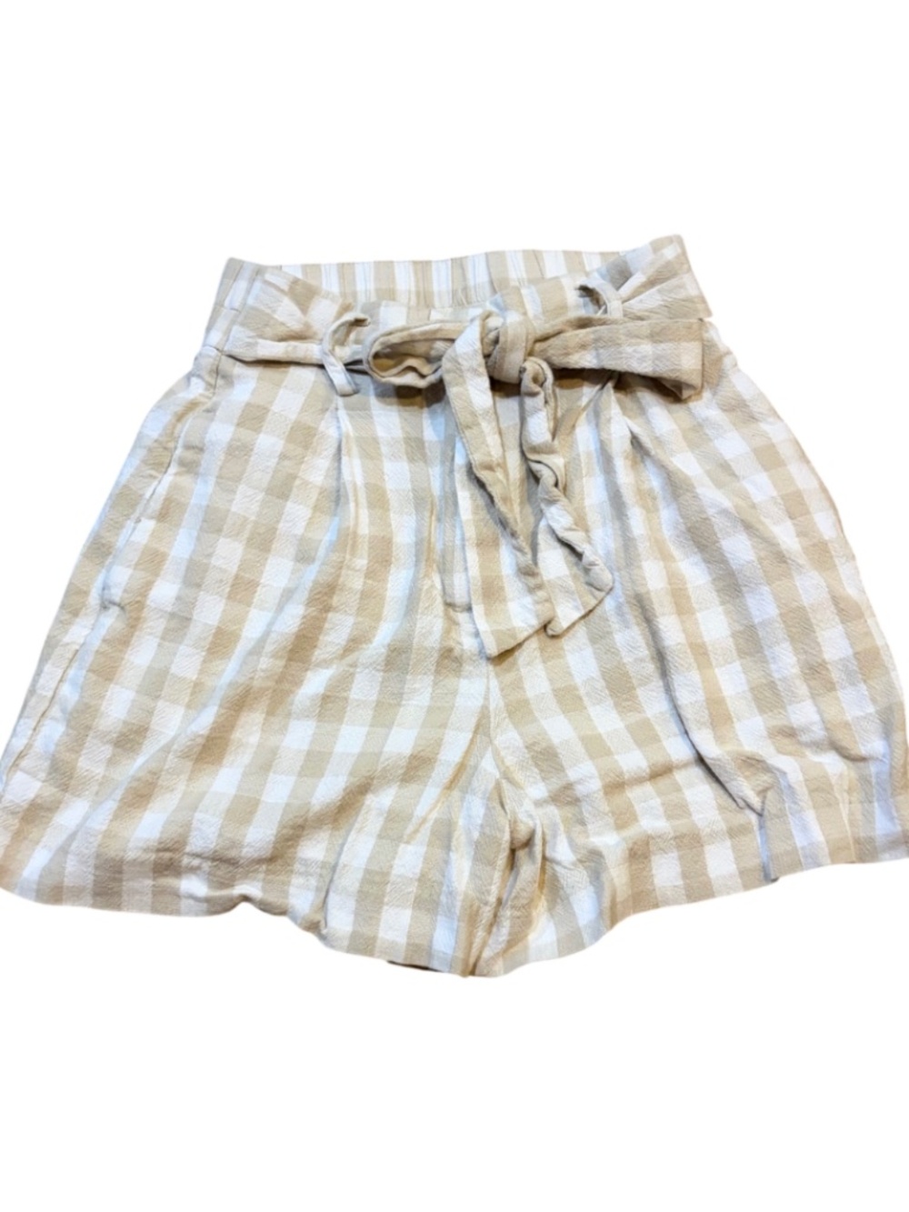 Zara Beige Gingham Paperbag Waist Shorts Tie Belt Linen Blend